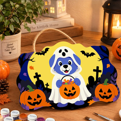Paint by Numbers - Wooden Door Hanger | Ghost Puppy with a Candy Bucket