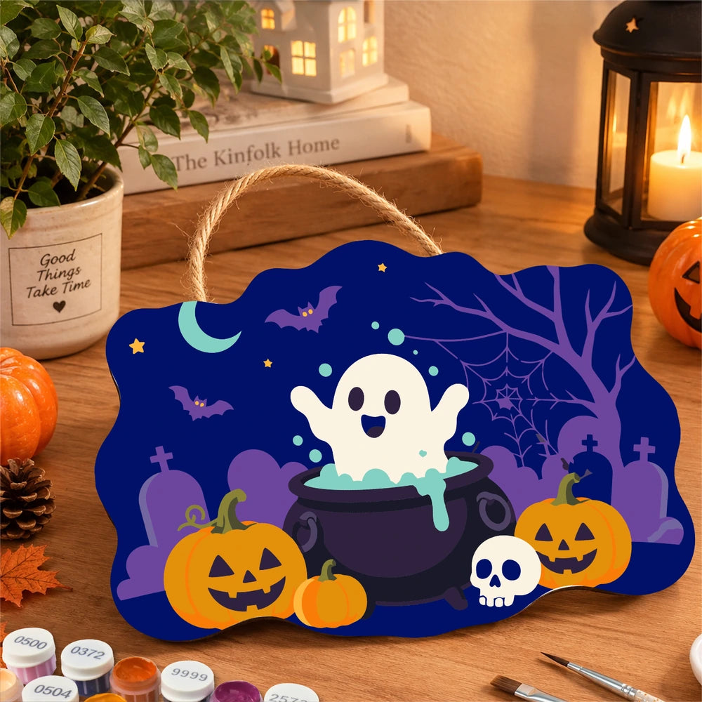 Paint by Numbers - Wooden Door Hanger | Ghost in a Cauldron in the Graveyard