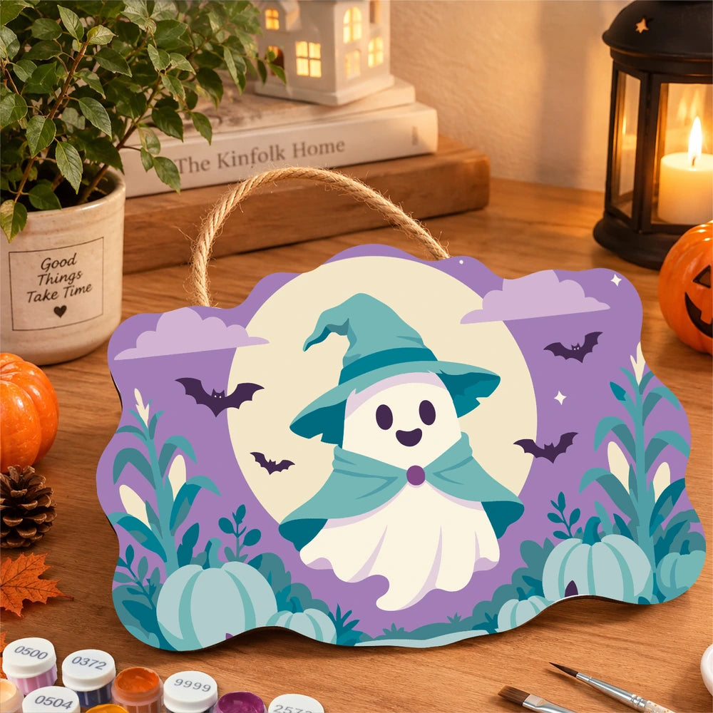 
Paint by Numbers - Wooden Door Hanger | Ghost in a Witch Hat in the Moon