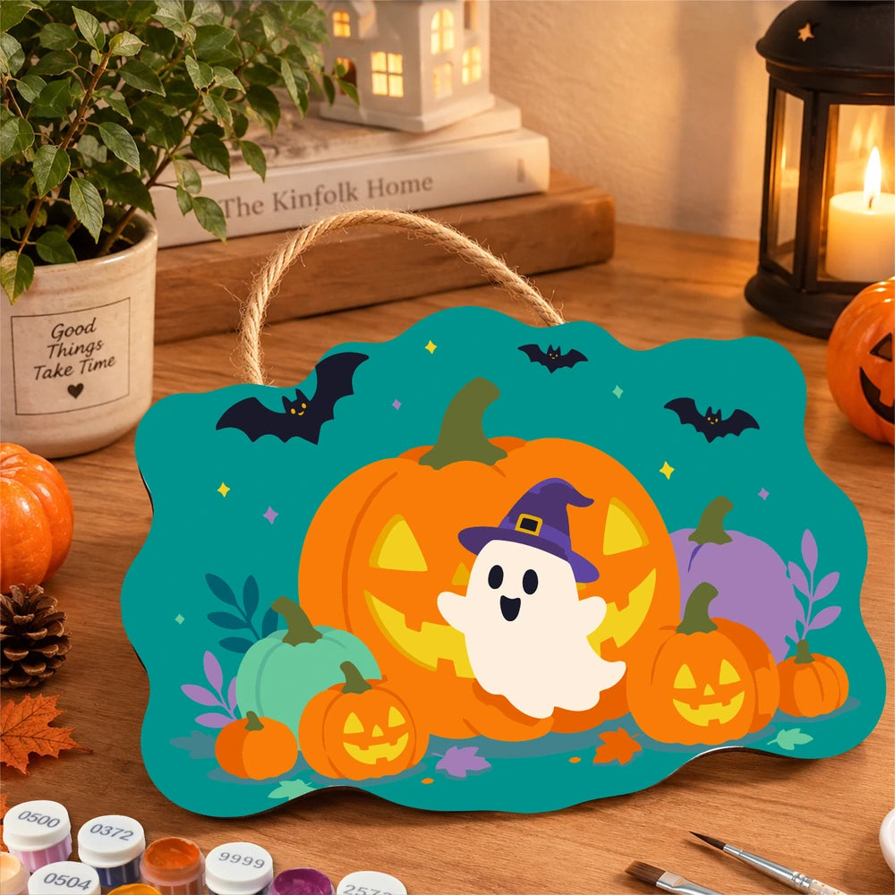 Paint by Numbers - Wooden Door Hanger | Ghost in a Witch Hat with Pumpkins