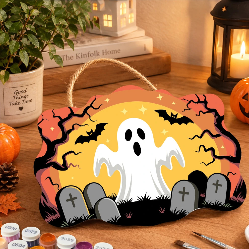 
Paint by Numbers - Wooden Door Hanger | Ghost in the Graveyard at Sunset