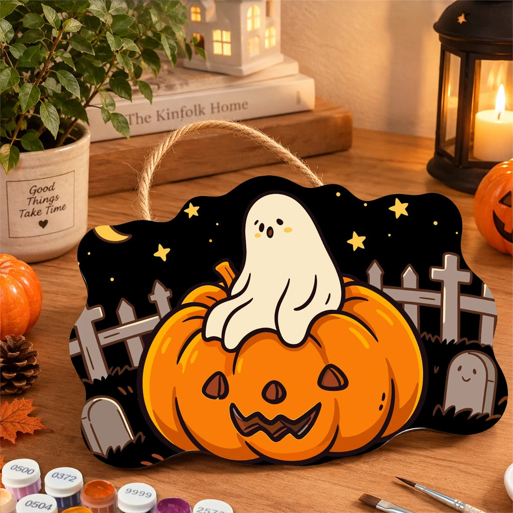 Paint by Numbers - Wooden Door Hanger | Ghost on a Jack-o'-Lantern in the Graveyard