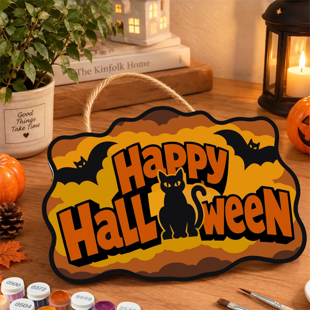 Paint by Numbers - Wooden Door Hanger | Happy Halloween Black Cat