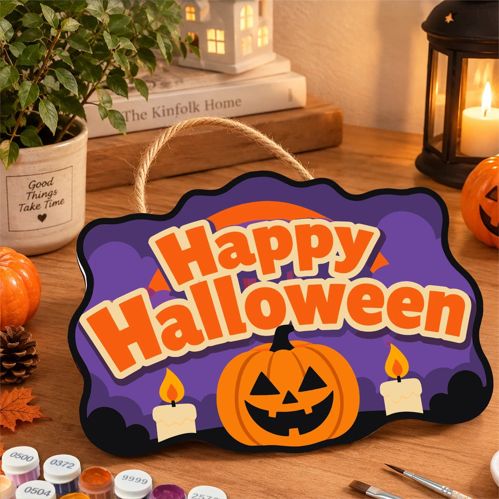 
Paint by Numbers - Wooden Door Hanger | Happy Halloween Candlelit Pumpkin