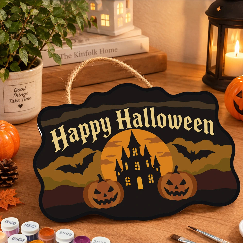 
Paint by Numbers - Wooden Door Hanger | Happy Halloween Castle and Pumpkins