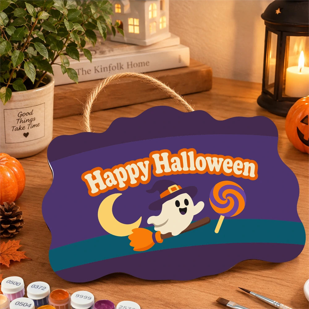 
Paint by Numbers - Wooden Door Hanger | Happy Halloween Ghost with a Lollipop