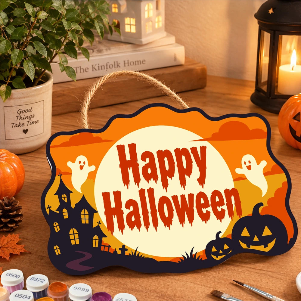 Paint by Numbers - Wooden Door Hanger | Happy Halloween Ghosts in the Moon