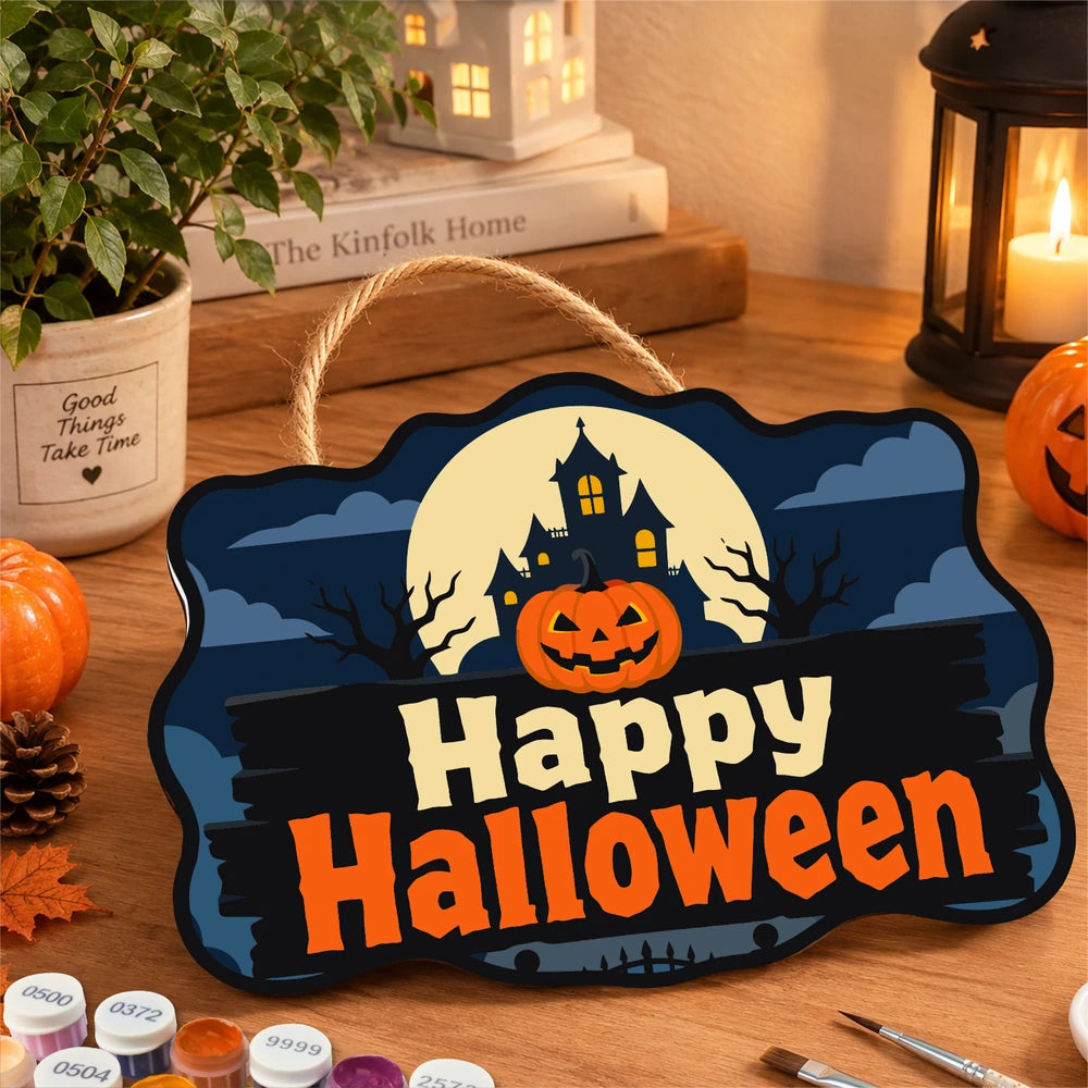 Paint by Numbers - Wooden Door Hanger | Happy Halloween Haunted House Sign