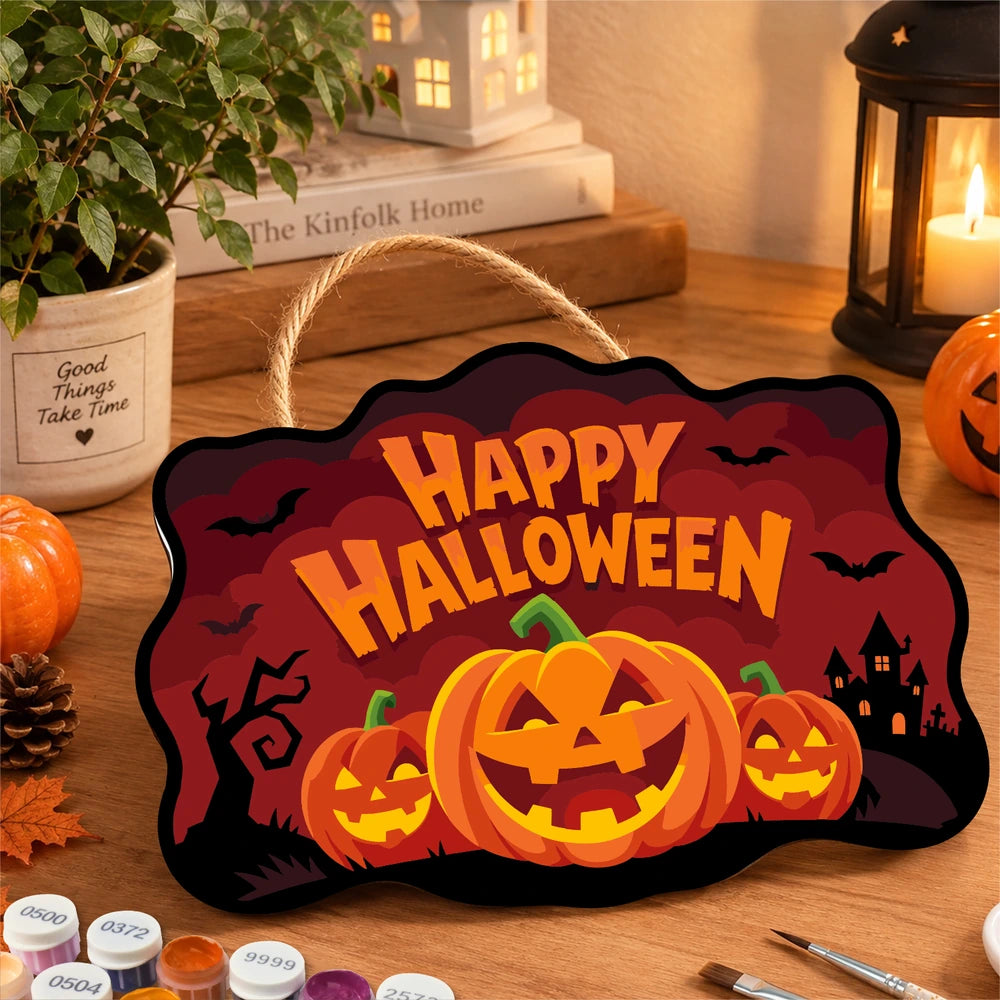 Paint by Numbers - Wooden Door Hanger | Happy Halloween Pumpkin Trio at Night