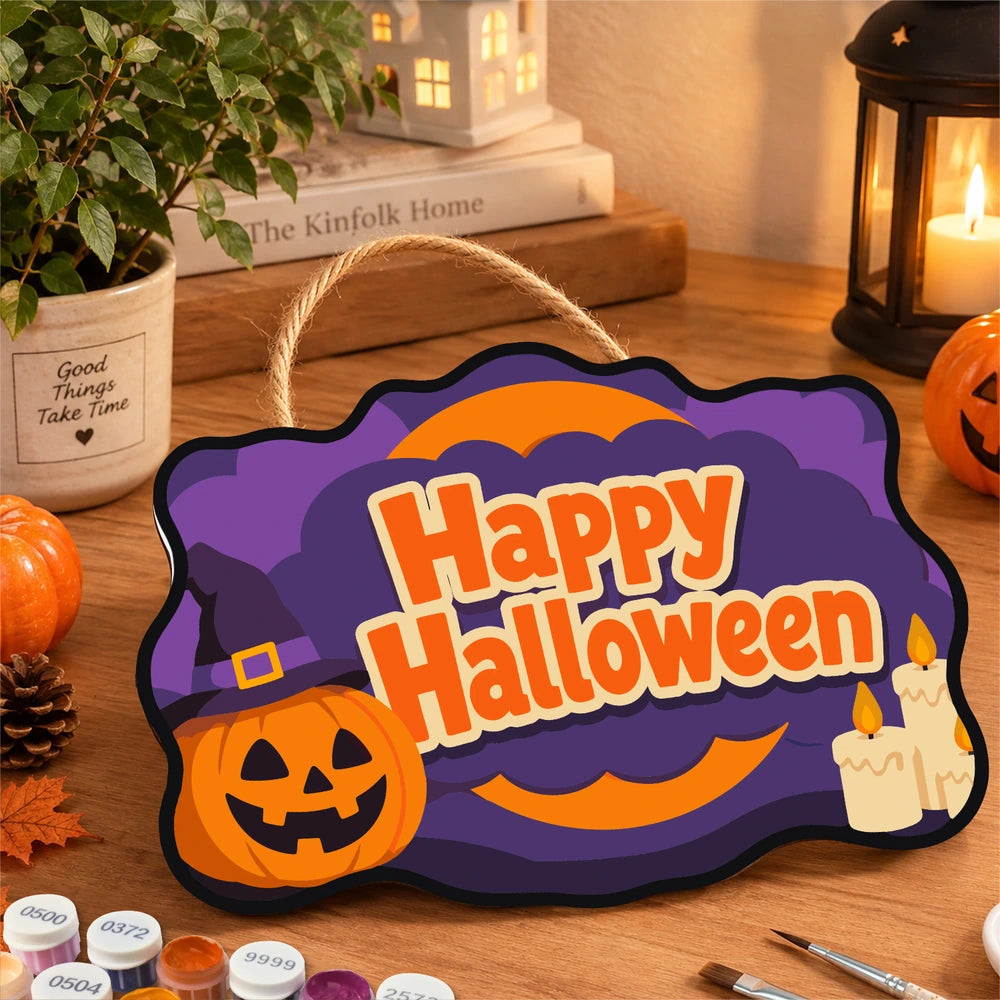 Paint by Numbers - Wooden Door Hanger | Happy Halloween Pumpkin and Candles
