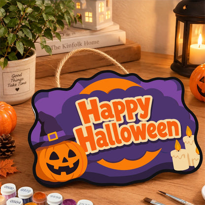 Paint by Numbers - Wooden Door Hanger | Happy Halloween Pumpkin and Candles