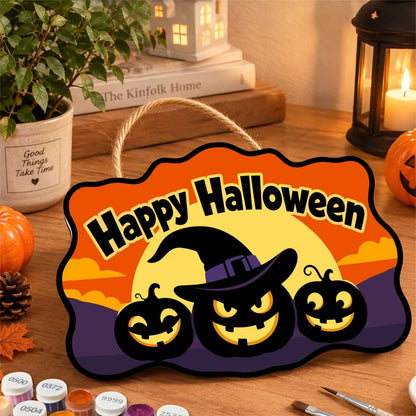 Paint by Numbers - Wooden Door Hanger | Happy Halloween Pumpkin in a Witch Hat