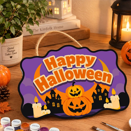 Paint by Numbers - Wooden Door Hanger | Happy Halloween Pumpkins and Haunted Houses