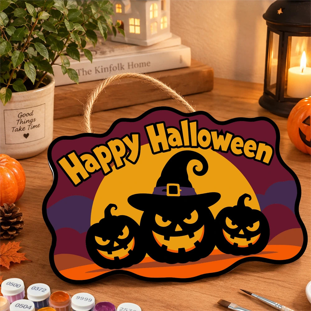 Paint by Numbers - Wooden Door Hanger | Happy Halloween Pumpkins in a Witch Hat