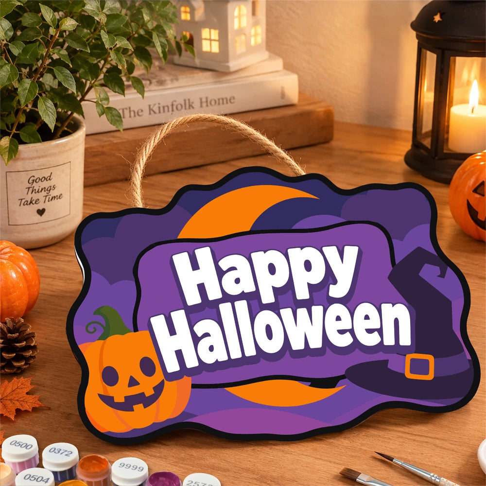 Paint by Numbers - Wooden Door Hanger | Happy Halloween Purple Pumpkin