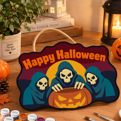 Paint by Numbers - Wooden Door Hanger | Happy Halloween Reapers Over a Pumpkin