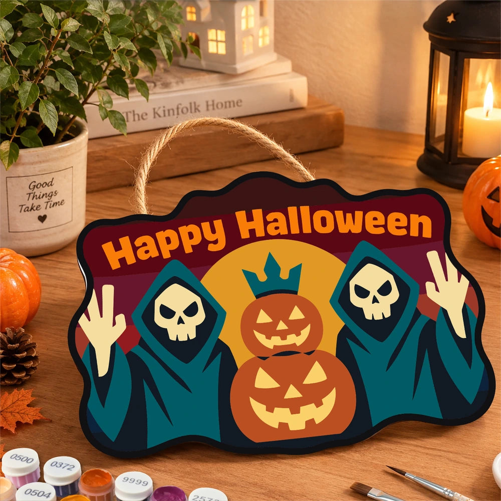
Paint by Numbers - Wooden Door Hanger | Happy Halloween Reapers at Sunset
