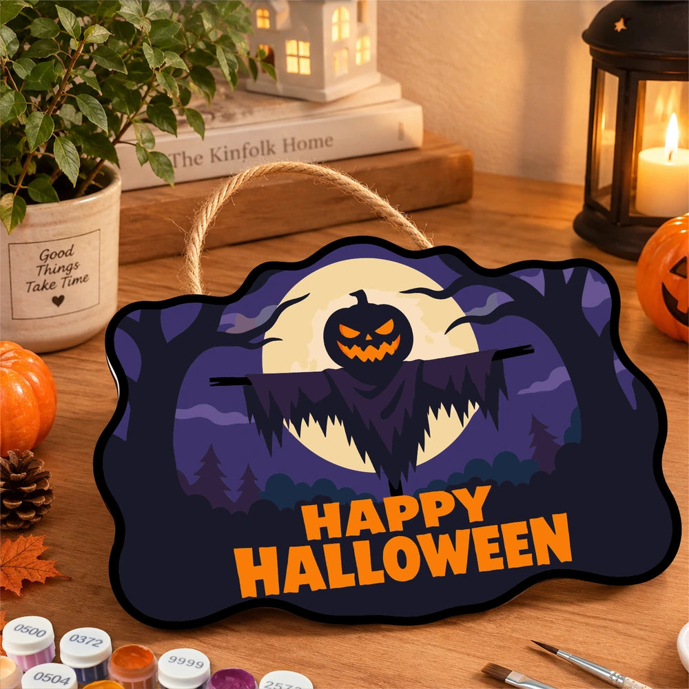 Paint by Numbers - Wooden Door Hanger | Happy Halloween Scarecrow Silhouette