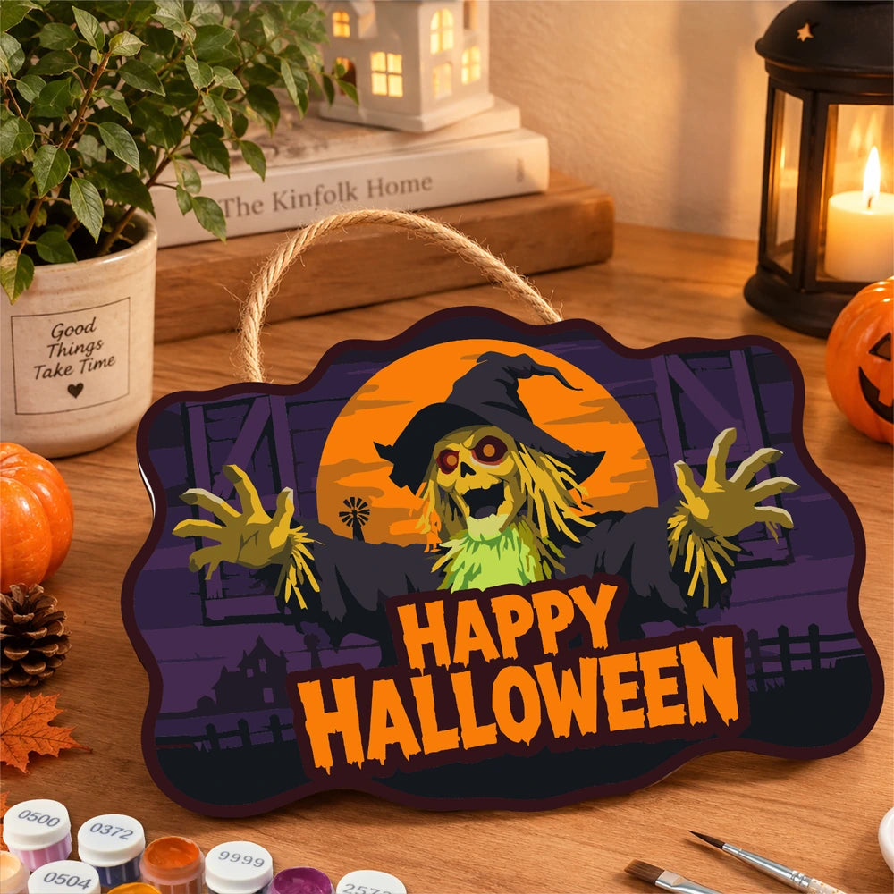 Paint by Numbers - Wooden Door Hanger | Happy Halloween Scarecrow at Night
