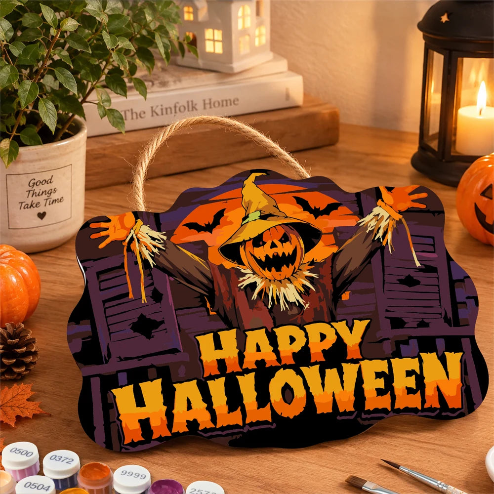 Paint by Numbers - Wooden Door Hanger | Happy Halloween Scarecrow at the Window
