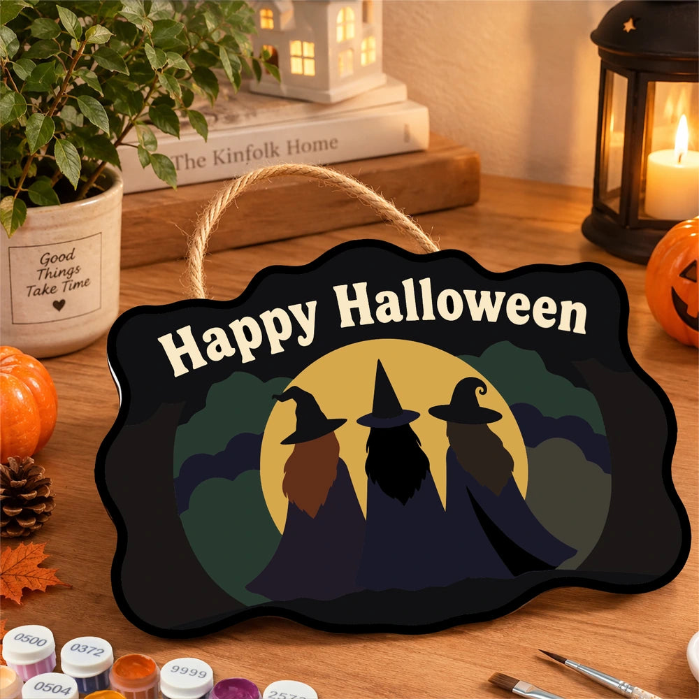 Paint by Numbers - Wooden Door Hanger | Happy Halloween Three Witches