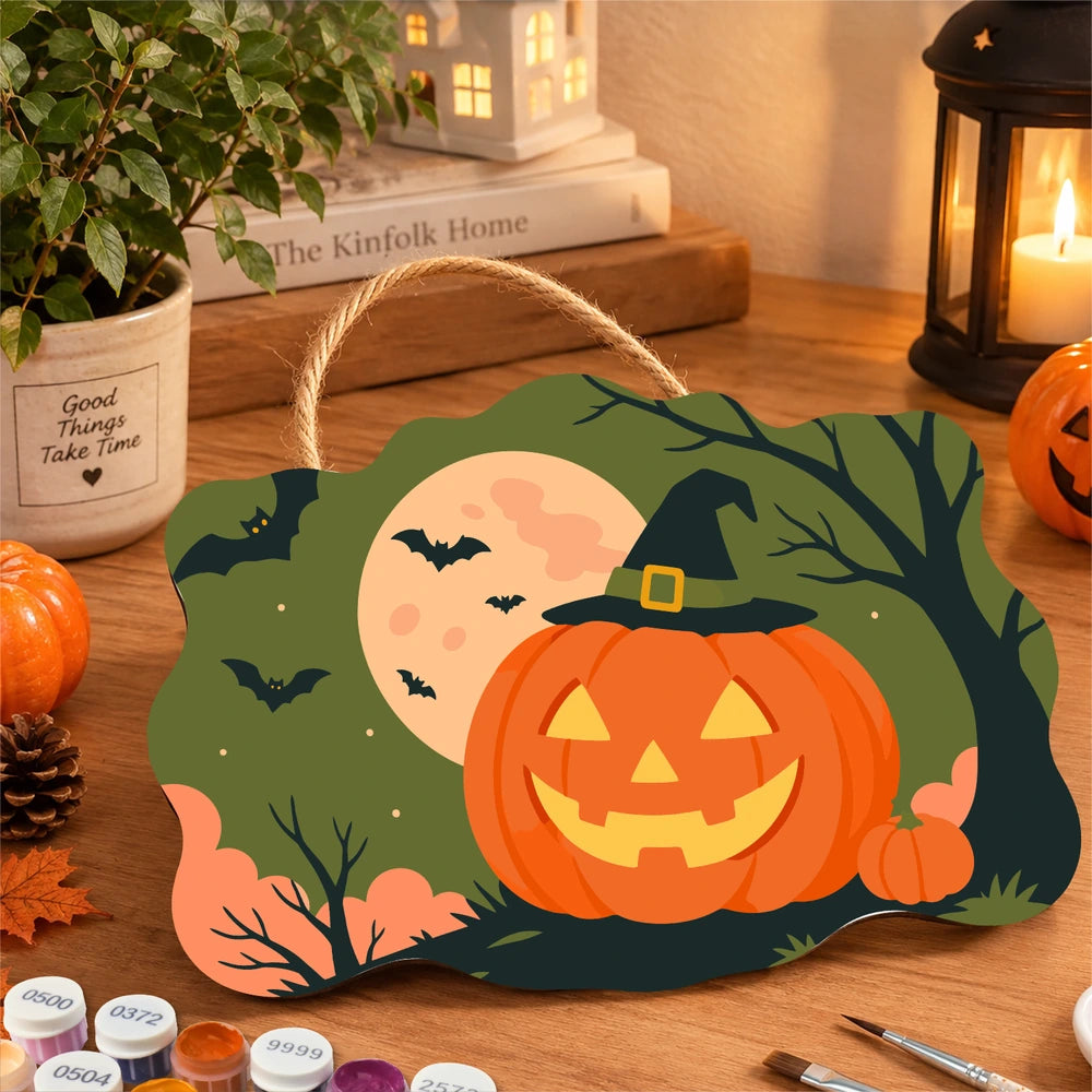 
Paint by Numbers - Wooden Door Hanger | Jack-o'-Lantern in a Witch Hat
