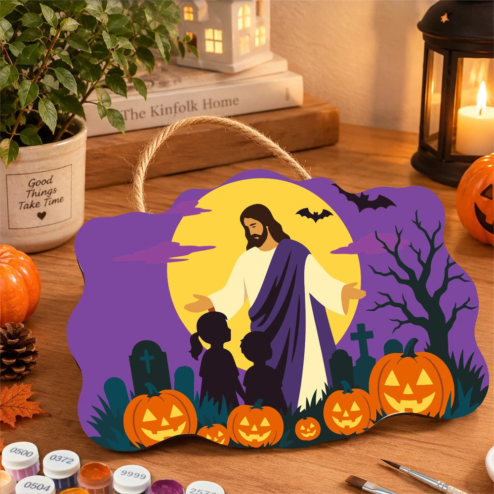 Paint by Numbers - Wooden Door Hanger | Jesus Blessing the Children at Halloween