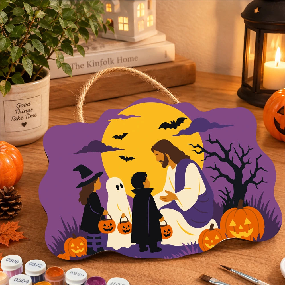 Paint by Numbers - Wooden Door Hanger | Jesus with Trick-or-Treaters