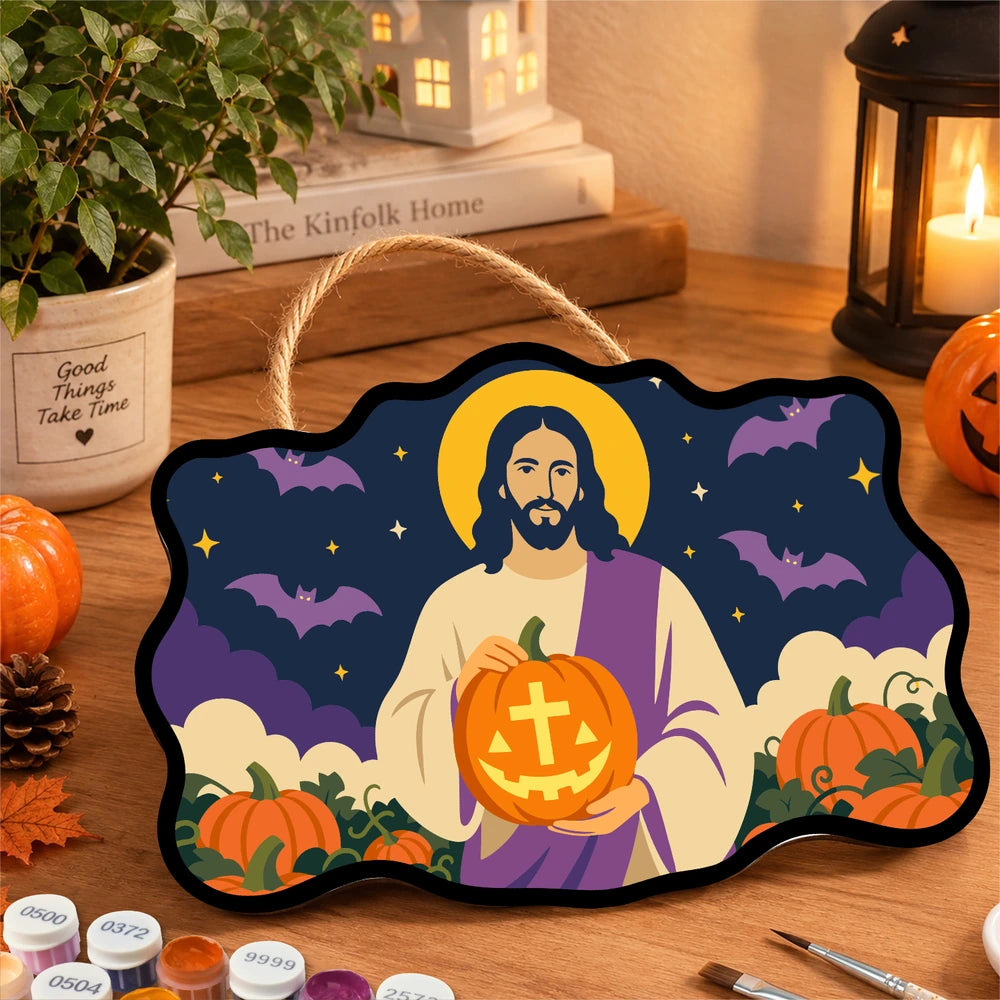 Paint by Numbers - Wooden Door Hanger | Jesus with a Cross Pumpkin