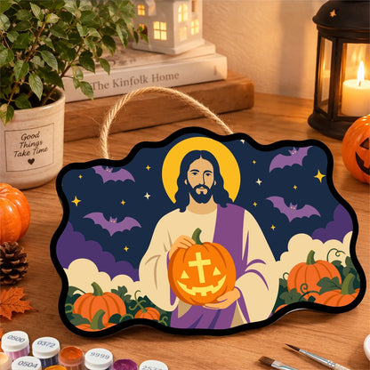 Paint by Numbers - Wooden Door Hanger | Jesus with a Cross Pumpkin