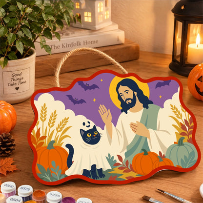 Paint by Numbers - Wooden Door Hanger | Jesus with a Ghost Cat