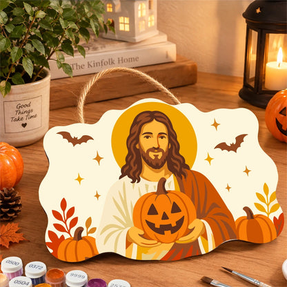 Paint by Numbers - Wooden Door Hanger | Jesus with a Jack-o'-Lantern in Autumn