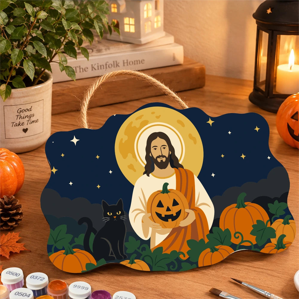 Paint by Numbers - Wooden Door Hanger | Jesus with a Pumpkin and Black Cat