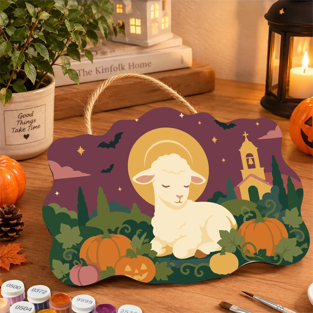 Paint by Numbers - Wooden Door Hanger | Lamb Resting in the Pumpkin Patch