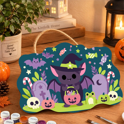 Paint by Numbers - Wooden Door Hanger | Little Bat with a Candy Basket