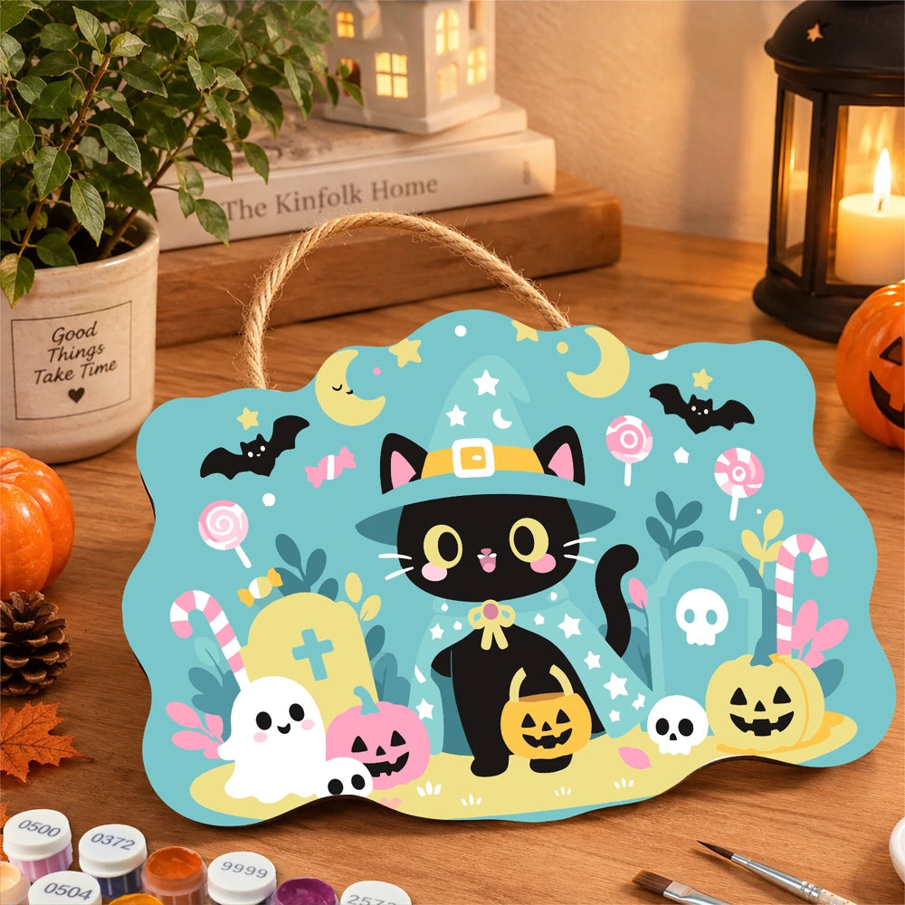 
Paint by Numbers - Wooden Door Hanger | Little Black Cat with a Candy Bucket