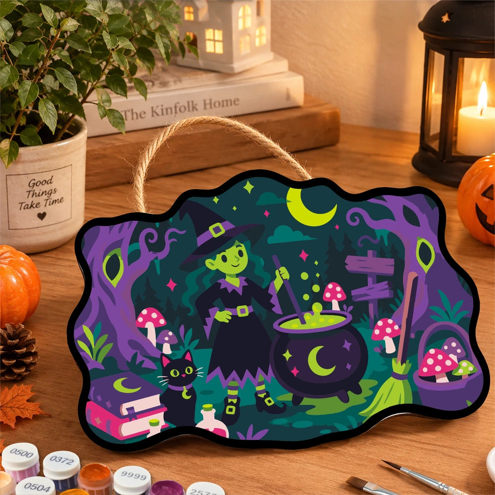 Paint by Numbers - Wooden Door Hanger | Little Witch at the Mushroom Cauldron