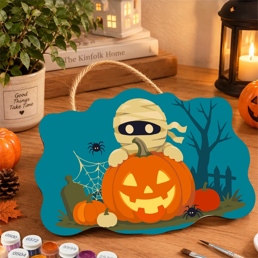 
Paint by Numbers - Wooden Door Hanger | Mummy Behind a Jack-o'-Lantern