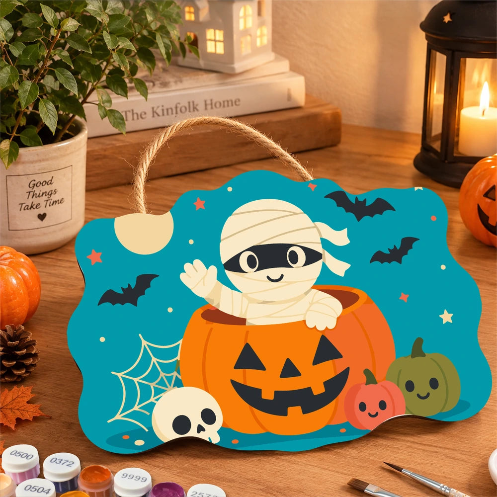 Paint by Numbers - Wooden Door Hanger | Mummy in a Jack-o'-Lantern