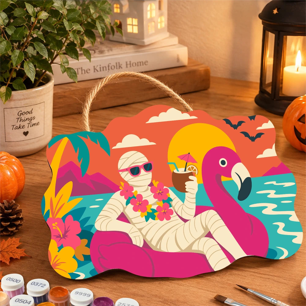 Paint by Numbers - Wooden Door Hanger | Mummy on a Flamingo Float