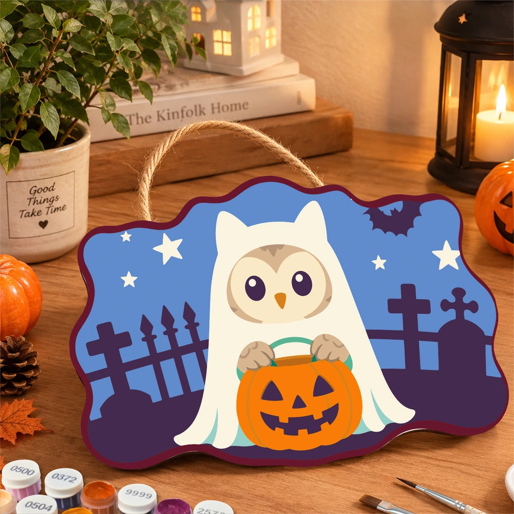 Paint by Numbers - Wooden Door Hanger | Owl Ghost with a Pumpkin
