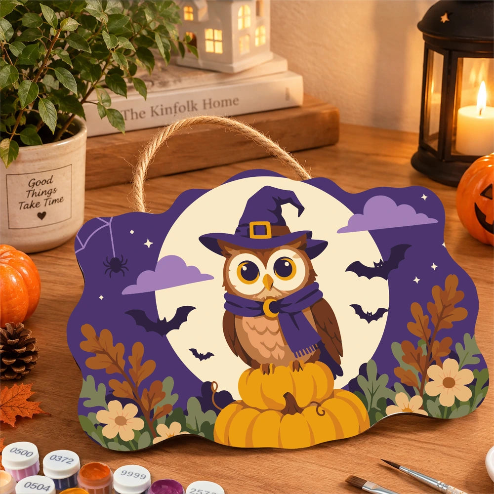 Paint by Numbers - Wooden Door Hanger | Owl in a Witch Hat in the Moon