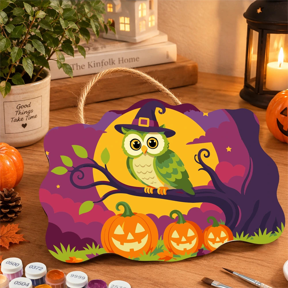 Paint by Numbers - Wooden Door Hanger | Owl in a Witch Hat on a Branch