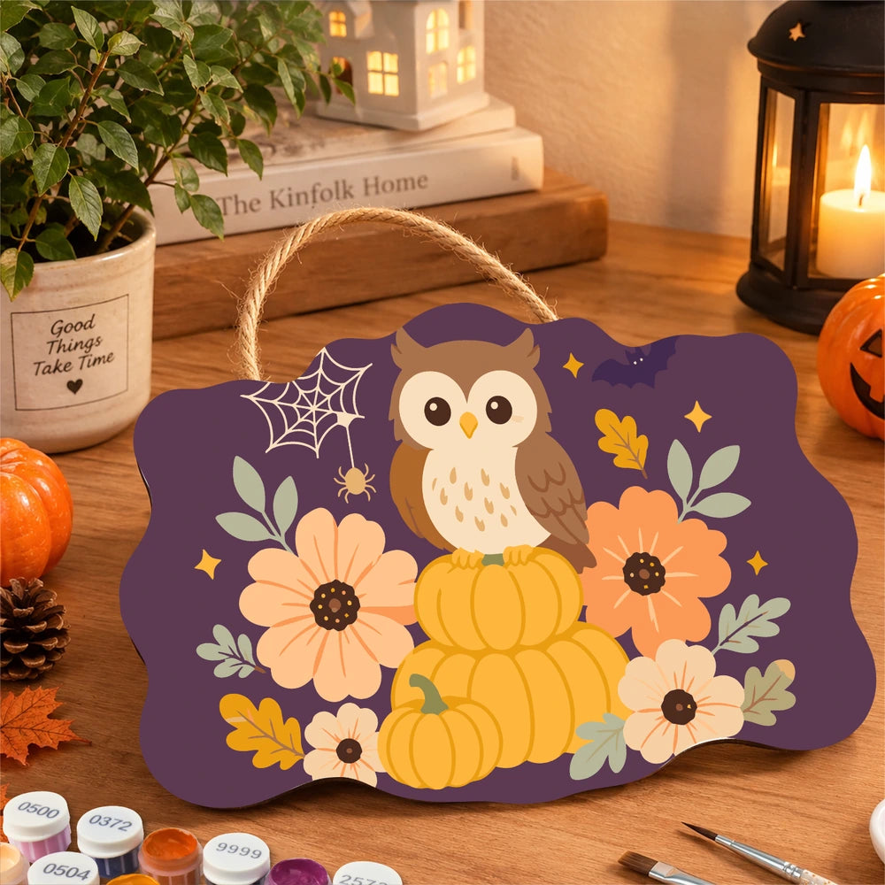 Paint by Numbers - Wooden Door Hanger | Owl on Pumpkins with Flowers