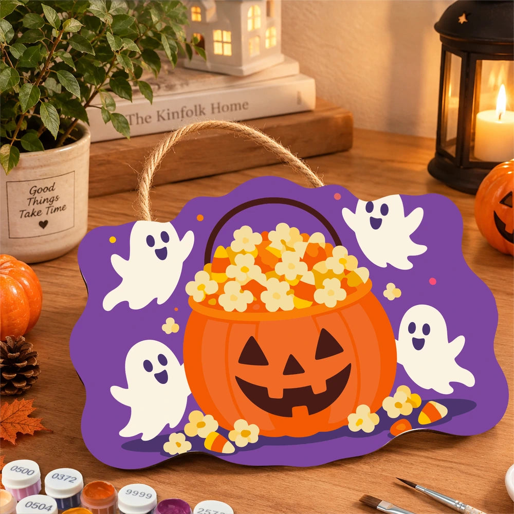 Paint by Numbers - Wooden Door Hanger | Popcorn Pumpkin Bucket with Ghosts
