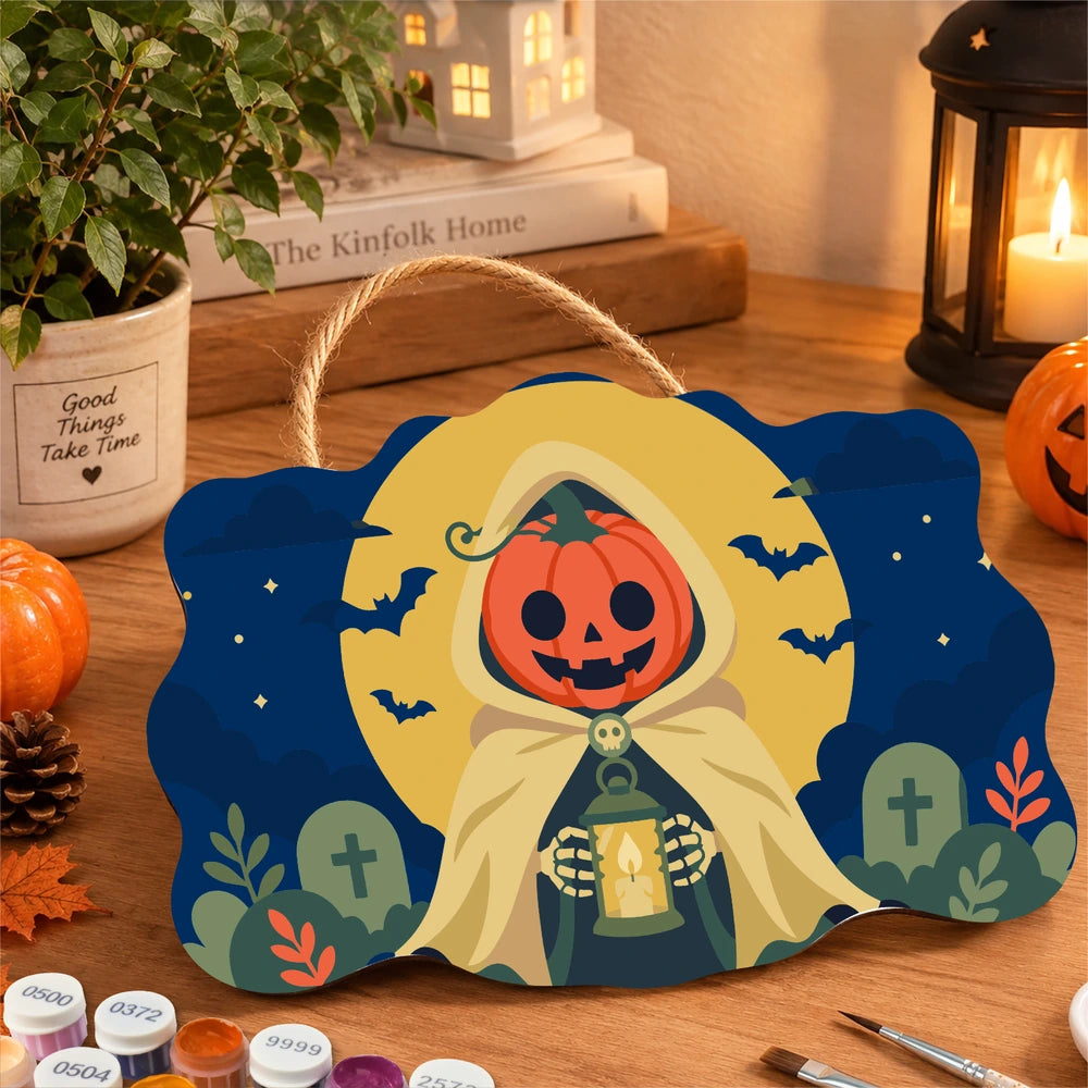 Paint by Numbers - Wooden Door Hanger | Pumpkin Reaper with a Lantern