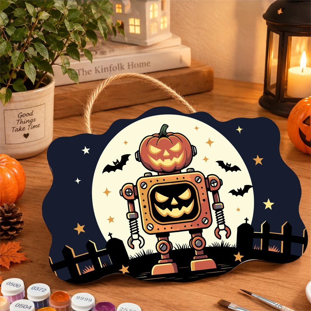 Paint by Numbers - Wooden Door Hanger | Pumpkin Robot Under the Moon