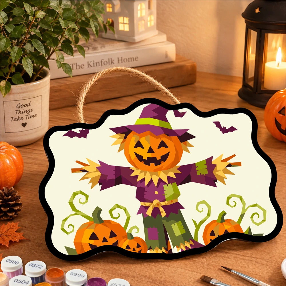 Paint by Numbers - Wooden Door Hanger | Pumpkin Scarecrow in Geometric Style