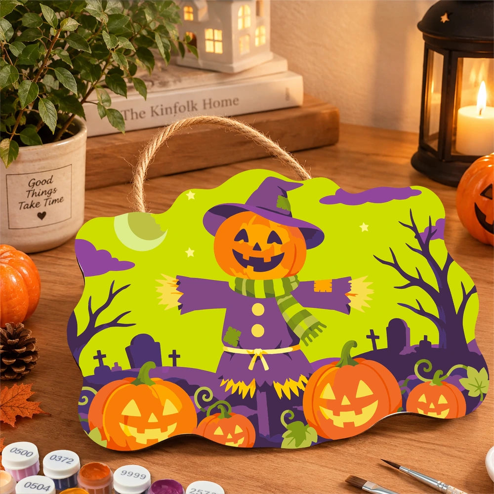 
Paint by Numbers - Wooden Door Hanger | Pumpkin Scarecrow in the Graveyard
