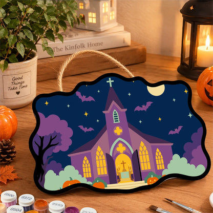 Paint by Numbers - Wooden Door Hanger | Purple Church on Halloween Night